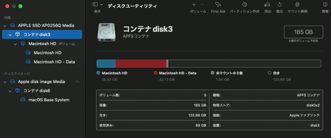APFSボリューム 削除
